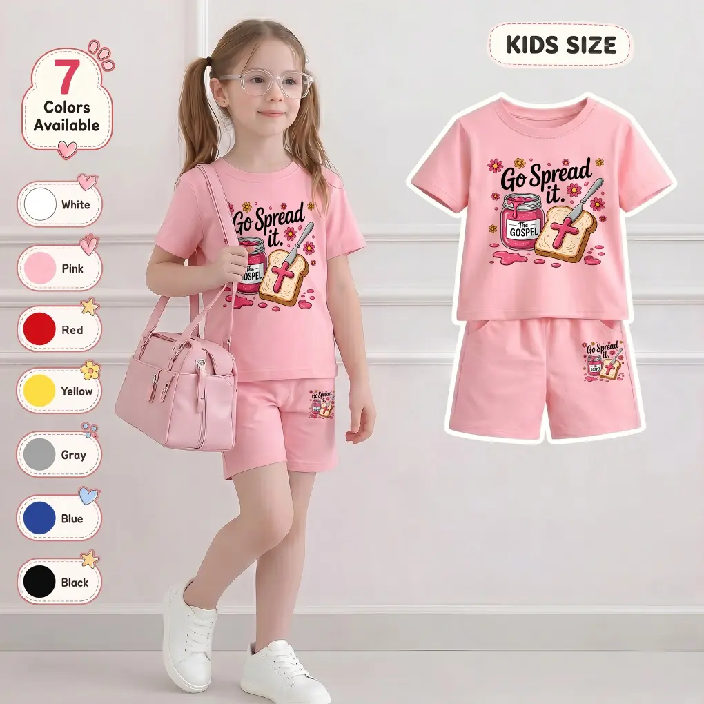 Girls’ Go Spread It Printed Design Short Sleeve T-Shirt And Shorts Set, Casual Kids Summer Outfit, Comfortable Crew Neck Clothing Set For Daily Wear And Outdoor Play