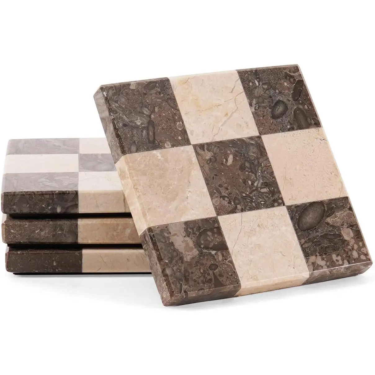 Marble Coasters Set of 4, Handmade 4 inch Square Stone Coaster, Decorative Checkered Cup Coaster for Coffee Table, Housewarming Gift & Luxury Kitchen Accessories