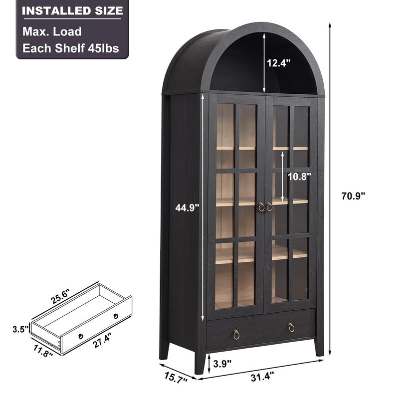 Farmhouse Arched Cabinet with Glass Doors, Wood Display Cabinet with Drawer and Adjustable Shelves, 71” Tall Bookshelf Modern China Storage Kitchen Pantry for Living Room,Office
