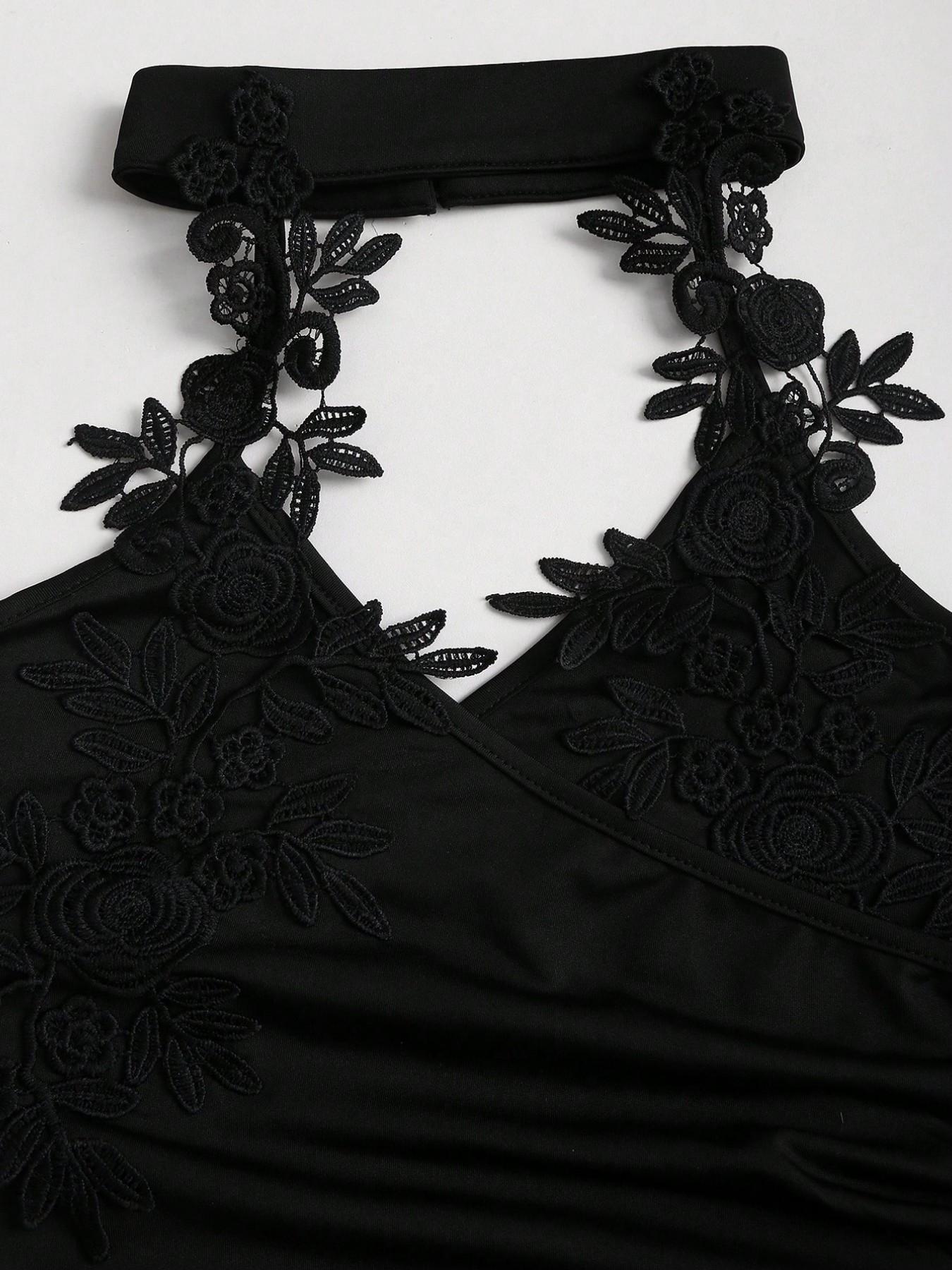 Floral Lace Halter Deep V Cross Back High Waist Bodycon Pants, Sexy & Elegant Design for Dates & Parties, Perfect Fit for Special Occasions
