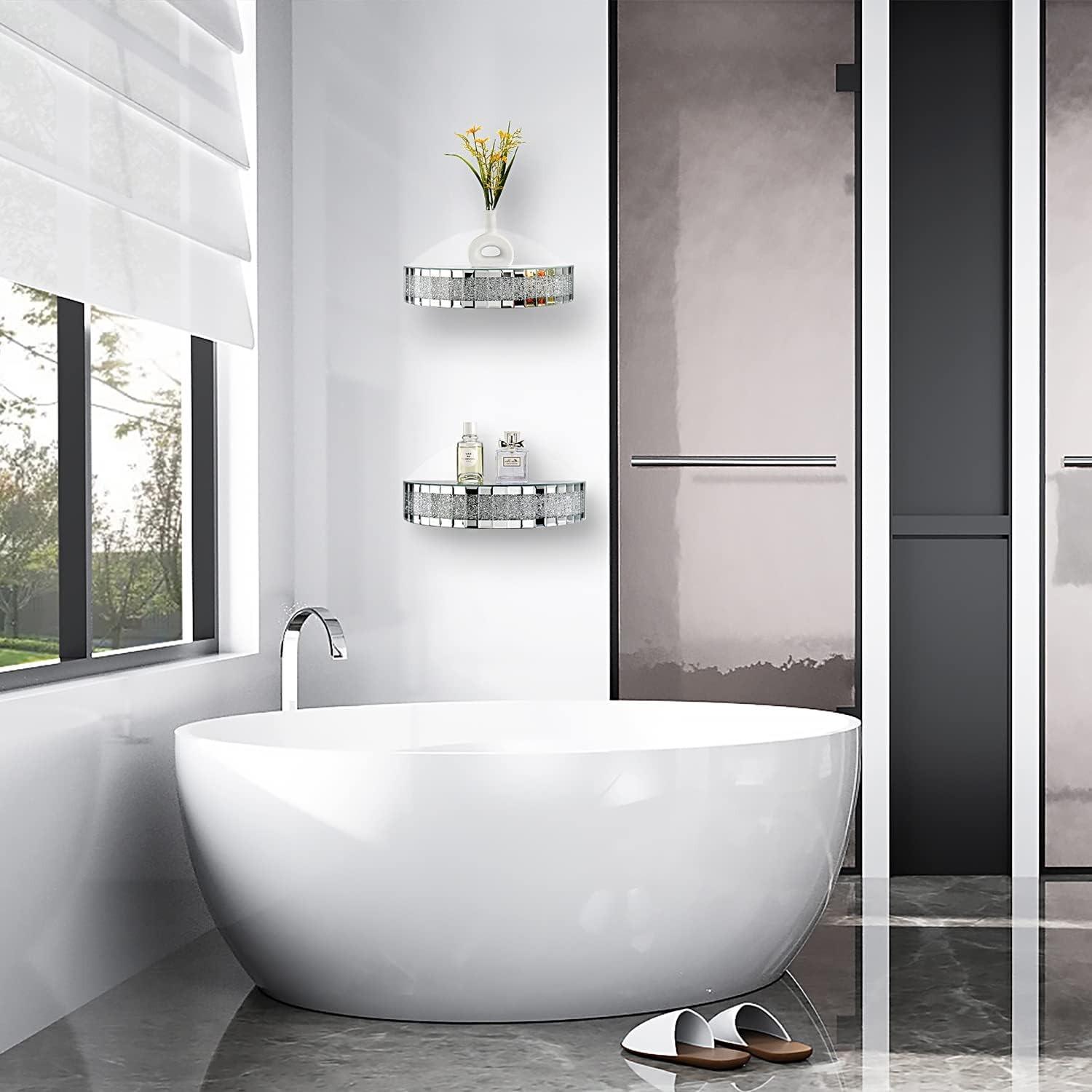 1Pc Semicircular Mirrored Floating Shelves for Wall Decor Storage, Glamorous Crystal Crush Diamond Decorative Wall Shelf, Glitter Glass Wall Mounted Shelves for Bedroom, Living Room, Bathroom, Kitchen, Office and More,  Silver