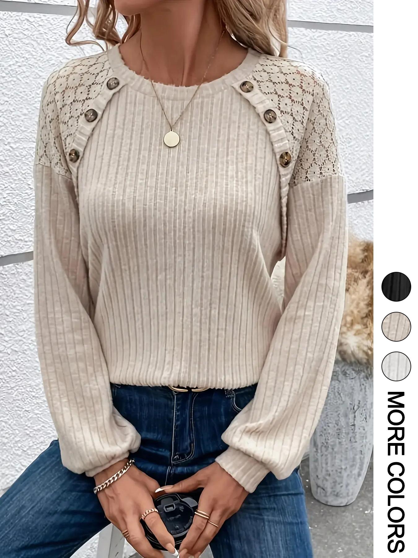 Women's Contrast Floral Lace Button Decor Ribbed Tee, Casual Drop Shoulder Long Sleeve Round Neck T-shirt for Spring & Fall, Fashion Women's Tops for Daily Wear