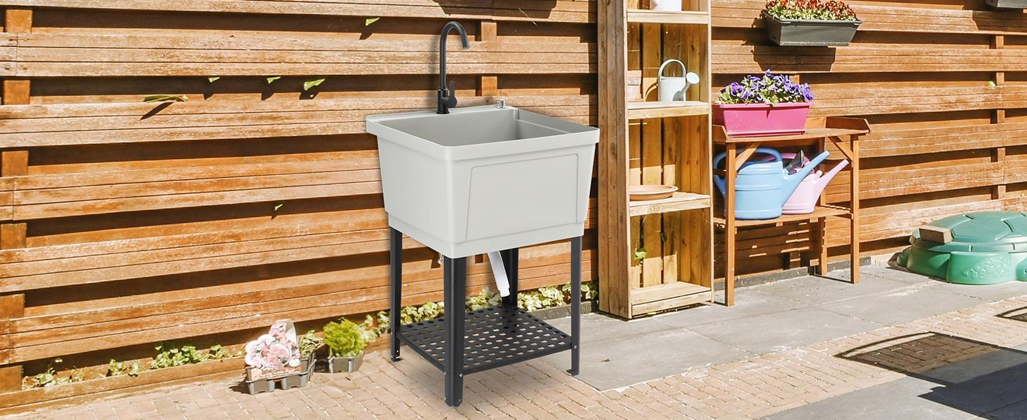 Industrial Grey Rectangular Freestanding Bathroom Utility Sink Laundry Tub - Stainless Steel Faucet, Waterproof Durable, Fully Assembled Indoor Wash Basin, 23.6"W×23.6"D×36.2"H 36.2" Tall Reach, Ideal for Households, Manufacturer Warranty
