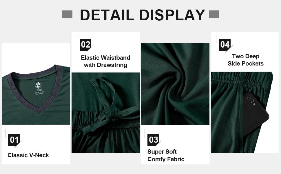 MoFiz Mens Pajama Set Summer Pjs Sleepwear Nightwear Lightweight Quick Dry Soft Short Sleeve V-Neck Pjs Sleep Set With Pocket