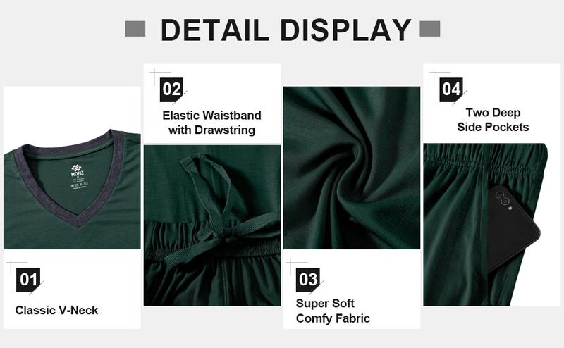 MoFiz Mens Pajama Set Summer Pjs Sleepwear Nightwear Lightweight Quick Dry Soft Short Sleeve V-Neck Pjs Sleep Set With Pocket