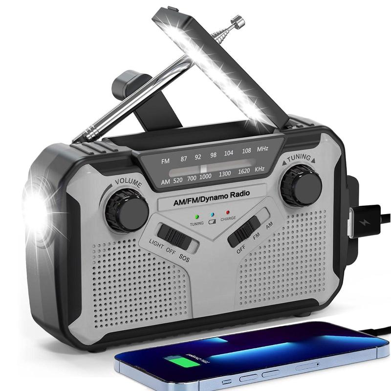Solar AM/FM Portable Multifunctional Radio with Flashlight, Reading Lamp, SOS Alarm – 2500mAh Power Bank, Crank & Battery Powered for Camping, Hiking & Emergency Survival Gear