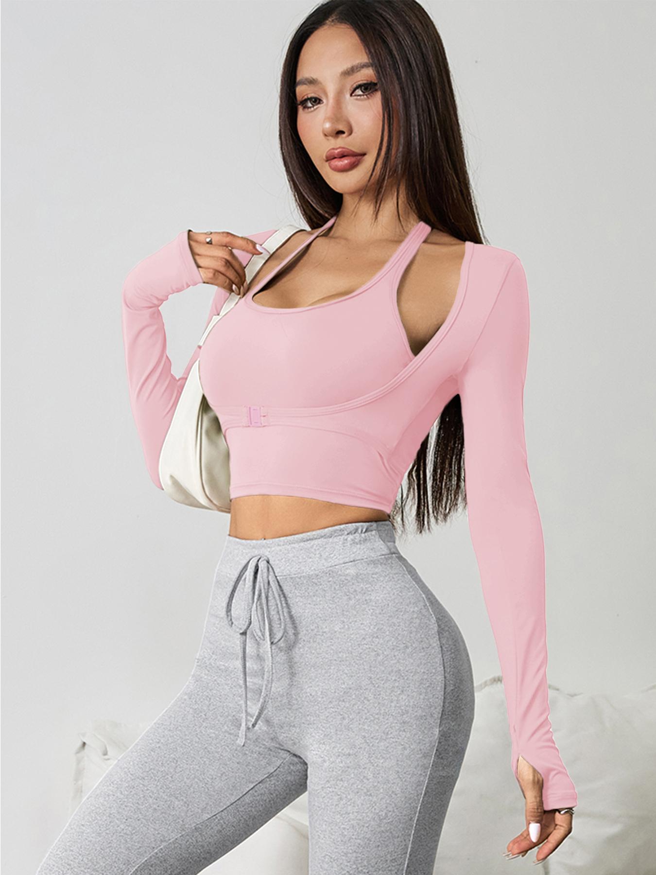 Women's Solid Color Long Sleeve Thumb Hole Design Halter Neck 2 in 1 Sports Tee Gym Yoga Tops for Yoga Gym Workout, Ladies Sportswear for All Seasons
