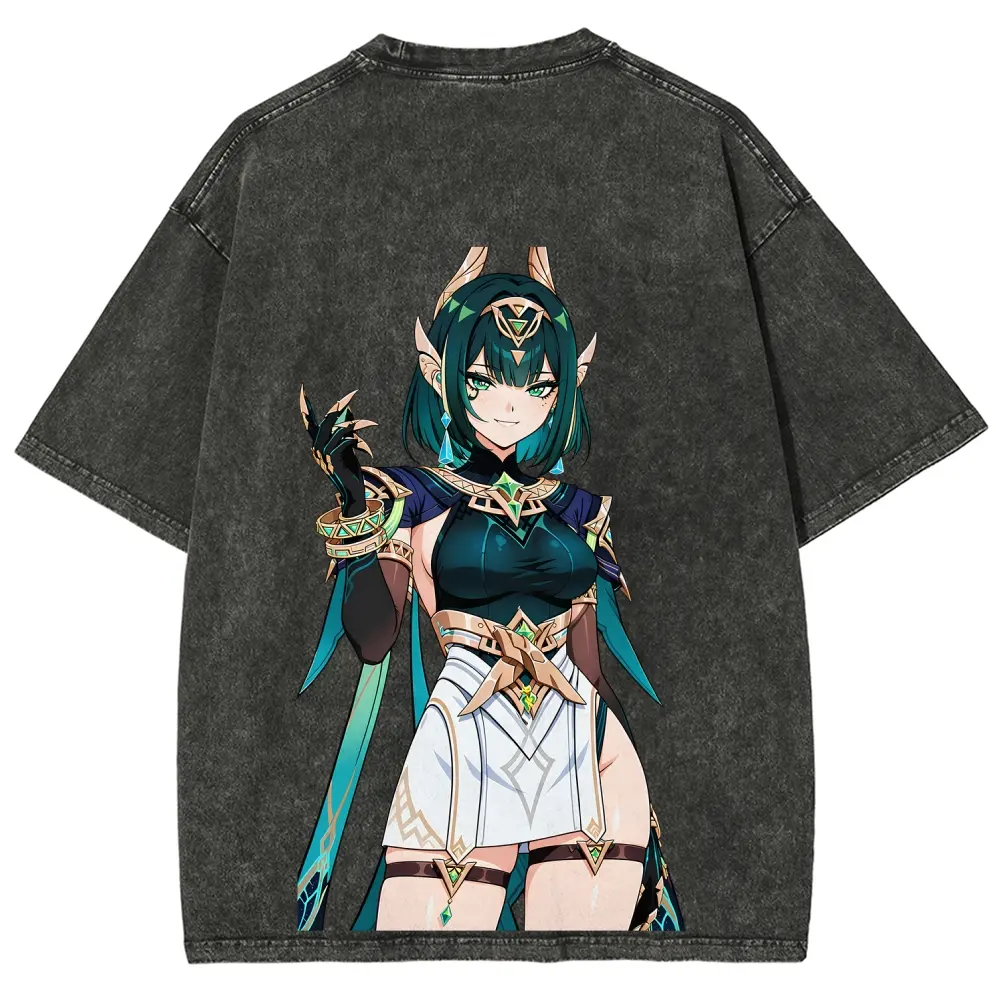 Unisex Nefir, Sumeru Information Broker, Exotic Anime Queen Graphic Washed T-Shirt Personalized Pattern Y2k Clothing Round Neck Washed T-Shirt,Women's Clothing 100% Cotton, Menswear, Top, Vintage Style,Summer Casual Oversized