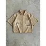 Men's Washed Print Jacket, Brand High-End Lapel Stylish Short Sleeve Button Down Shirts Summer Casual Tops