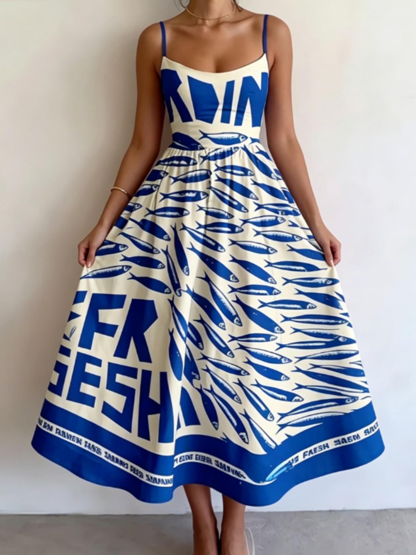 Blue Fish Pattern Letter Print Halter Dress, Summer Waist Cinch Slim Fit Midi Skirt, Vacation Style Elegant Dress for Women, Sleeveless