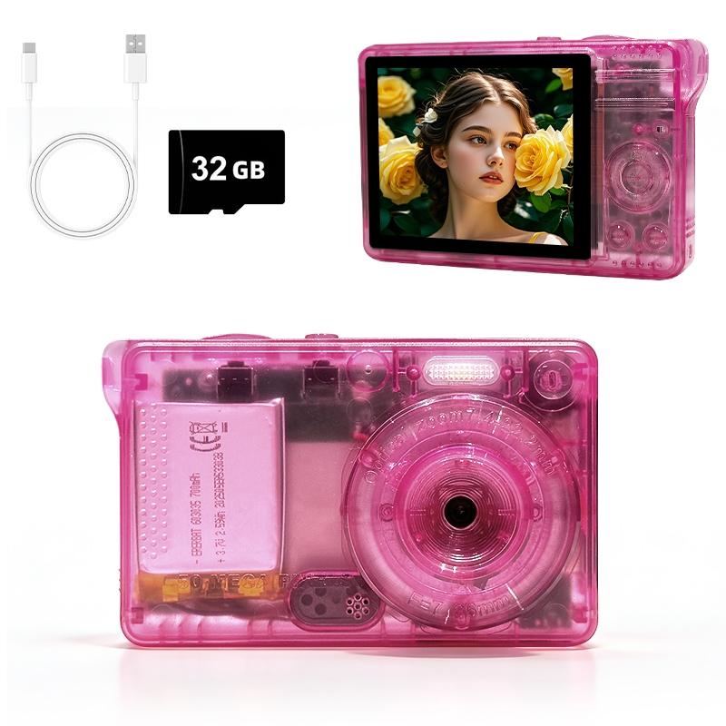 Digital Camera, 16X Zoom, Anti-Shake, Transparent Body with Visible Internal Structure, Beginner Digital Camera for Students and Photography Beginners