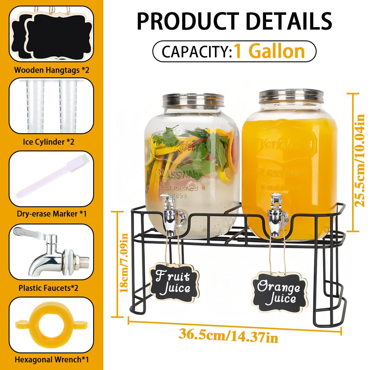 2 Packs 1 Gallon Glass Drink Dispenser with Stainless Steel Tap & Stand, Cold Beverage Dispenser, for Water, Juice, Punch, Lemonade & Parties, Decorative Labels for Home, Parties, Catering - (Cup Not Included)