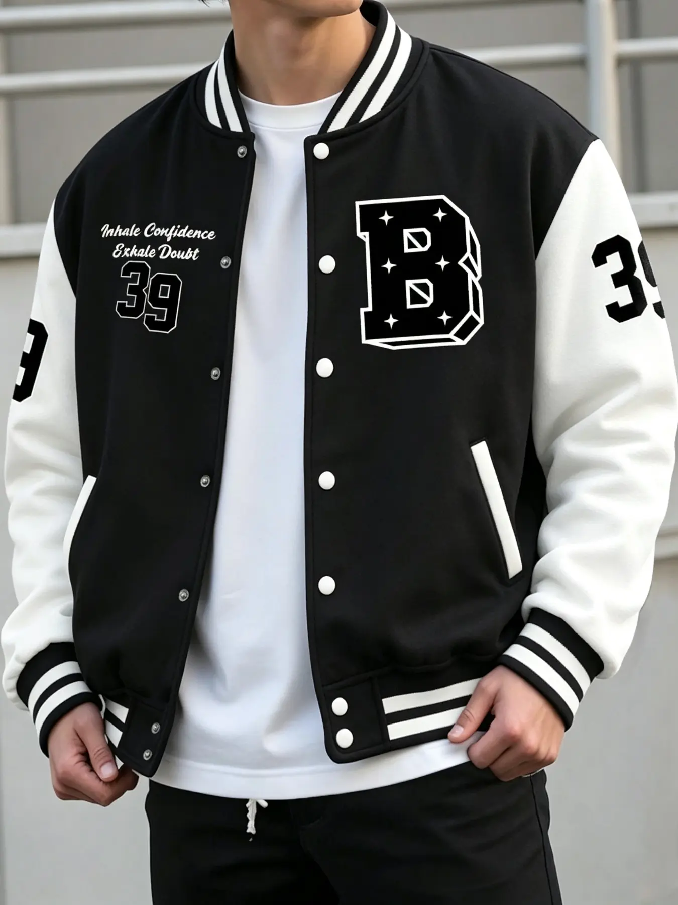Men's Baseball Jersey Jacket, Slim-Fit Letter Pattern, Autumn Fall Streetwear, Button Front, Side Pockets, Casual Outerwear, Casual Fitted Jackets