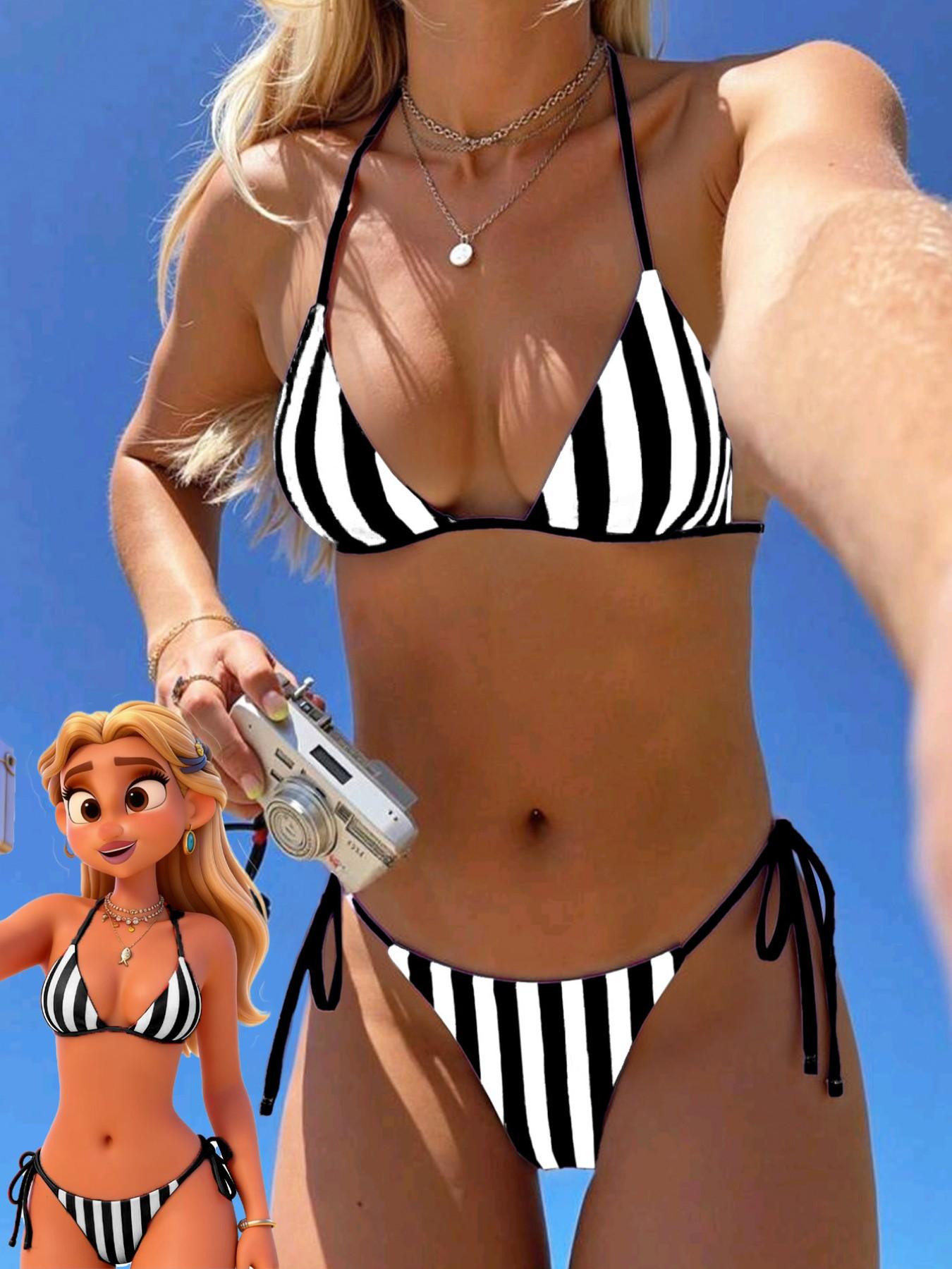 Women's Sexy Fashion Two-Piece Swimsuit, Summer Beach Bikini Set, Random Print, Casual Style, Polka Dot Pattern, All Seasons, Stripe Bikini