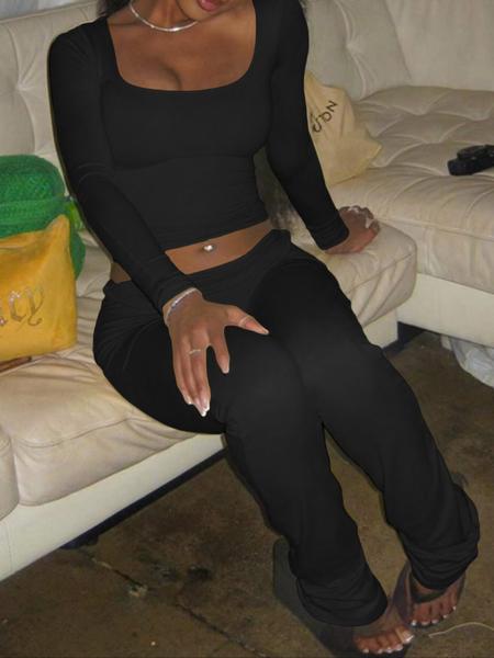 Women's Long Sleeve Square Neck Flare Pants Set, Casual Home Wear, Comfortable Loungewear, Stylish and Cozy for Daily Use