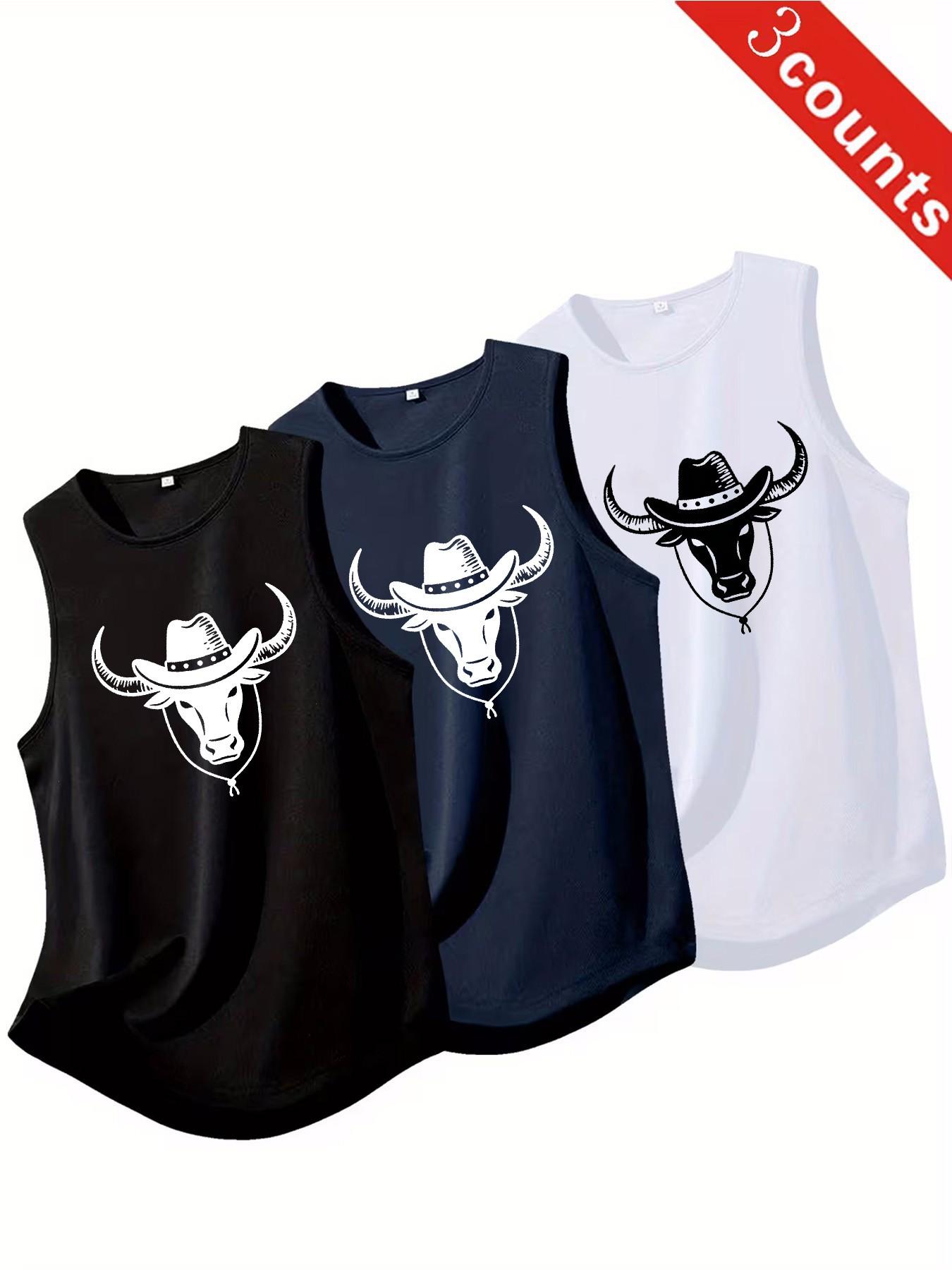 3 Count Men's Cowboy Bull Print Sleeveless Tank Tops, Loose Fit Casual Western Style Tops, Breathable Crew Neck Workout Shirts for Men