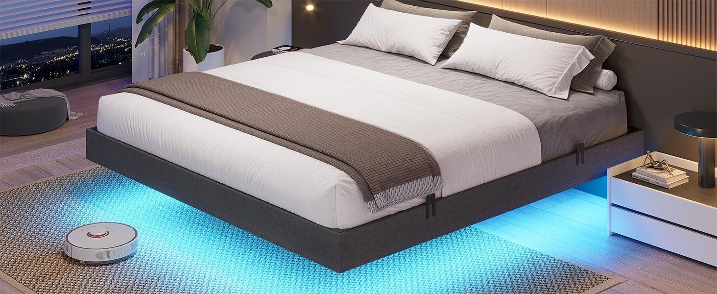 Sikaic Floating Bed Frame Linen Upholstered Platform With LED Lights Underbed Storage Space Dark Grey Angersbed Modern Headboard Unique Bedroom Furniture