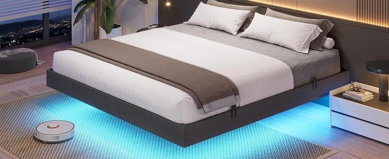 Sikaic Floating Bed Frame Linen Upholstered Platform With LED Lights Underbed Storage Space Dark Grey Angersbed Modern Headboard Unique Bedroom Furniture
