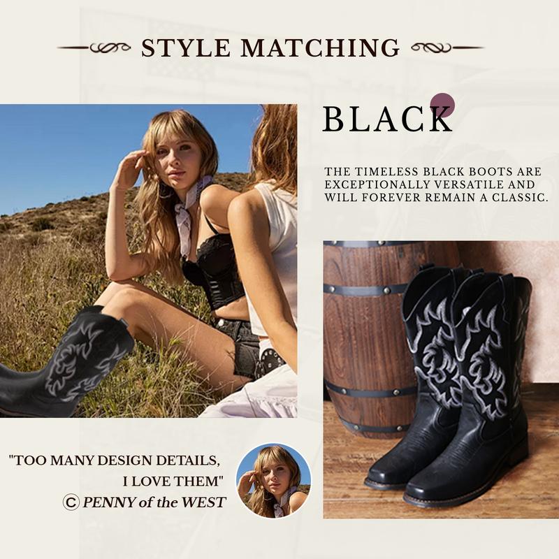 IUV Cowboy Boots For Women Square Toe Cowgirl Boots Mid Calf Western Boots Pull On Fashion Cowboy Boots