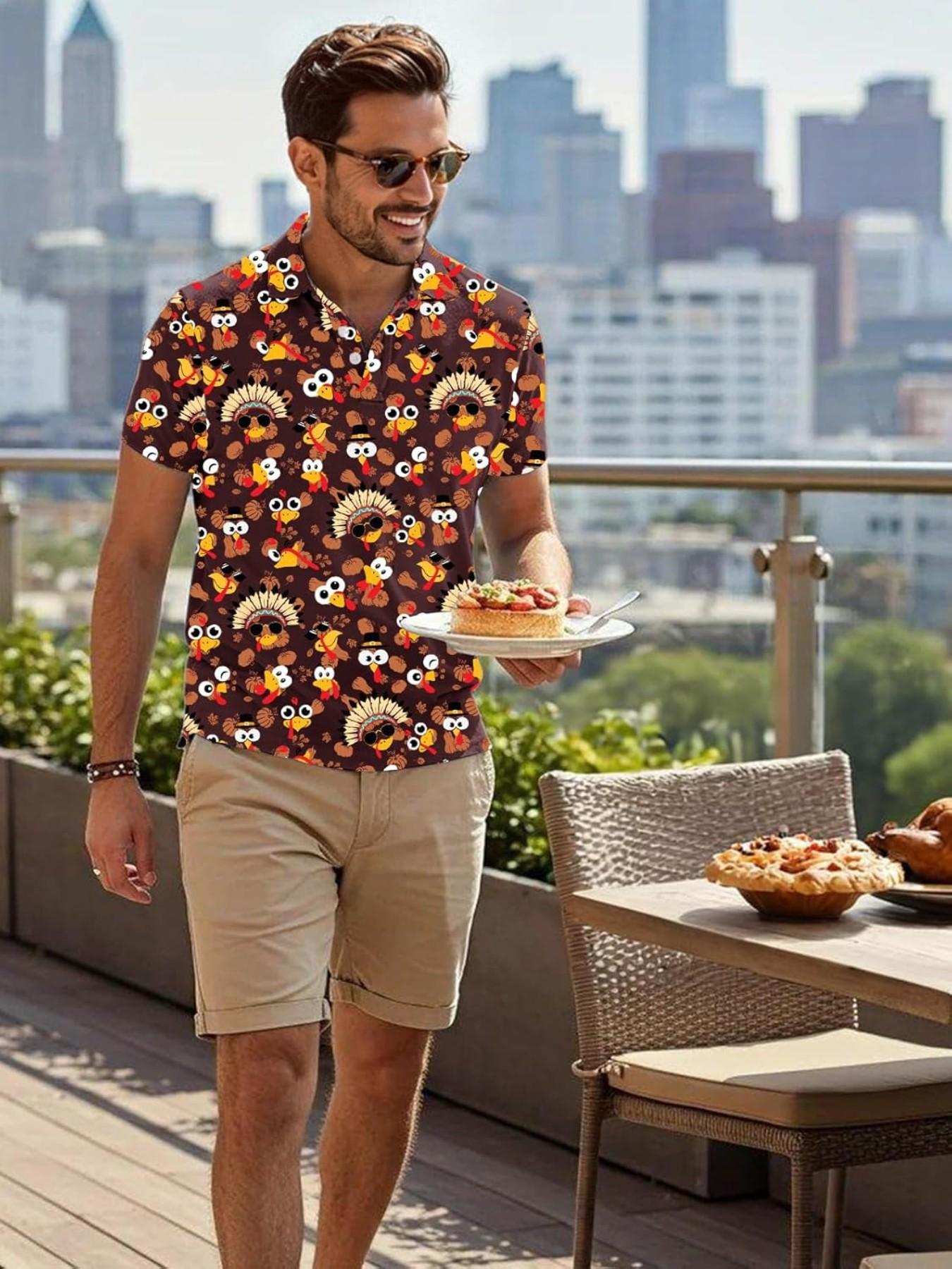 Men's Thanksgiving Theme Polo Shirt, Cartoon Turkey Pumpkin Pattern, Turn-Down Collar Three Button Short Sleeve, Breathable Festival Golf Top，Unisex (Recommended ordering one size up),polo shirt for men,deals of the day