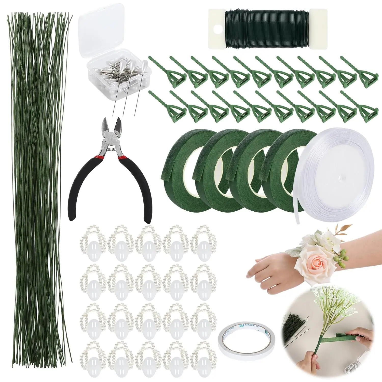 Floral Wire Arrangement Tool,DIY Bouquet Making Supplies with 5 Floral Tapes 20  Corsage Wrist Bands 20 Triangular Brooches,50 Boutonniere Pins,100 Flower Wire for Corsages Bouquet Accessories