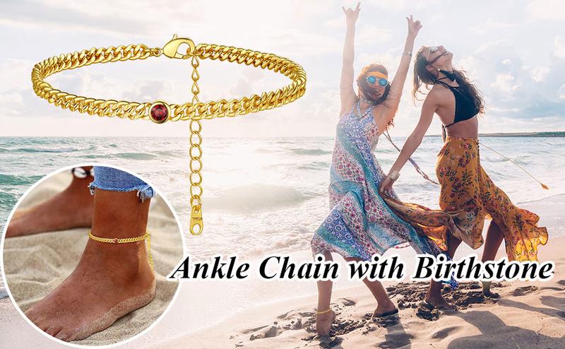 FindChic Round Gemstone Anklet 12 Months Stone Figaro Chain Anklets Cubic Zirconia Ankle Foot Summer Jewelry For Women Men Girlfriend Boyfriend
