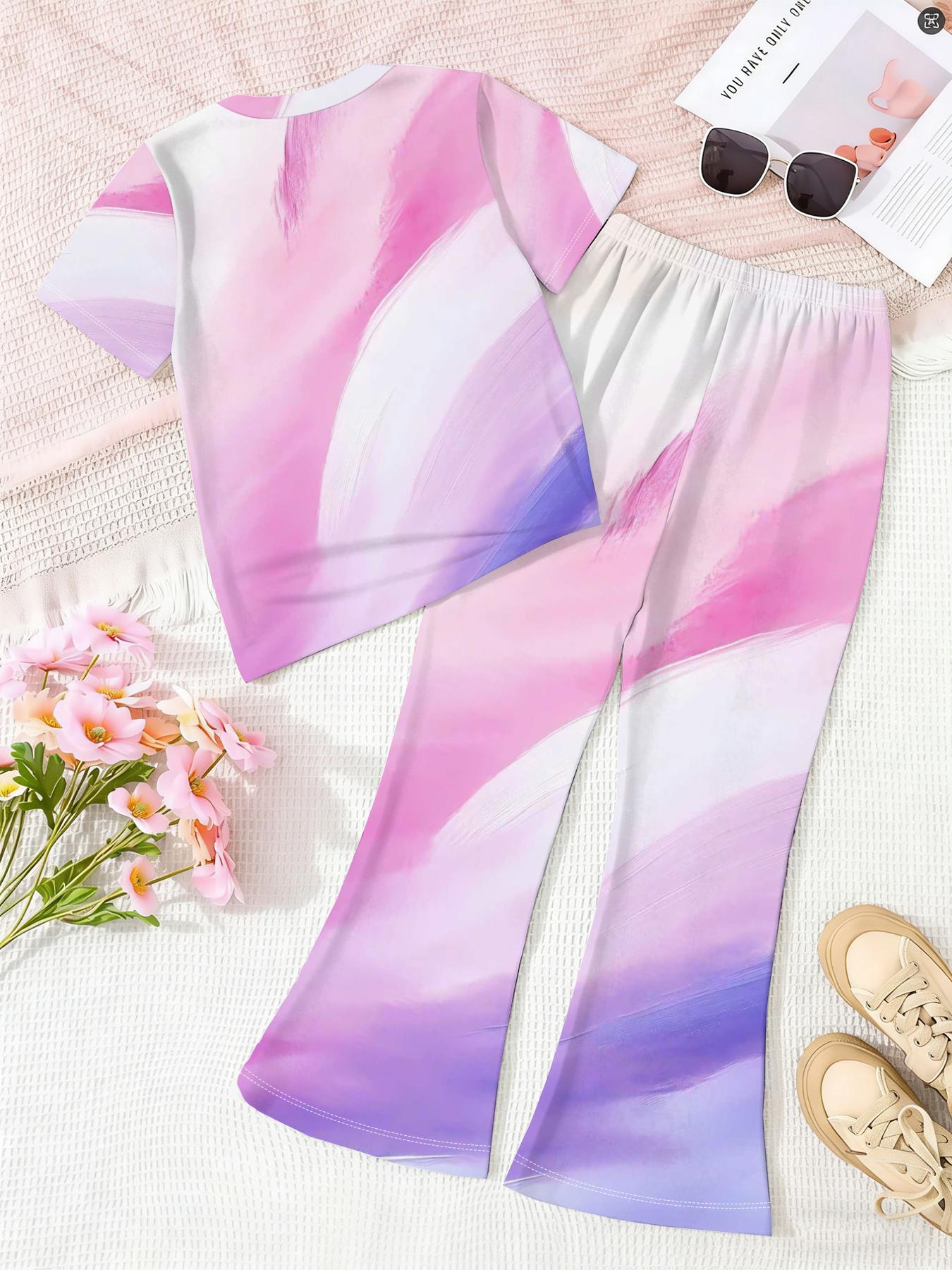 Girls' Gradient Tie-Dye Set, Anime Character Printed Short Sleeve Top & Bell-Bottom Pants Two-Piece, Casual All Seasons Wear