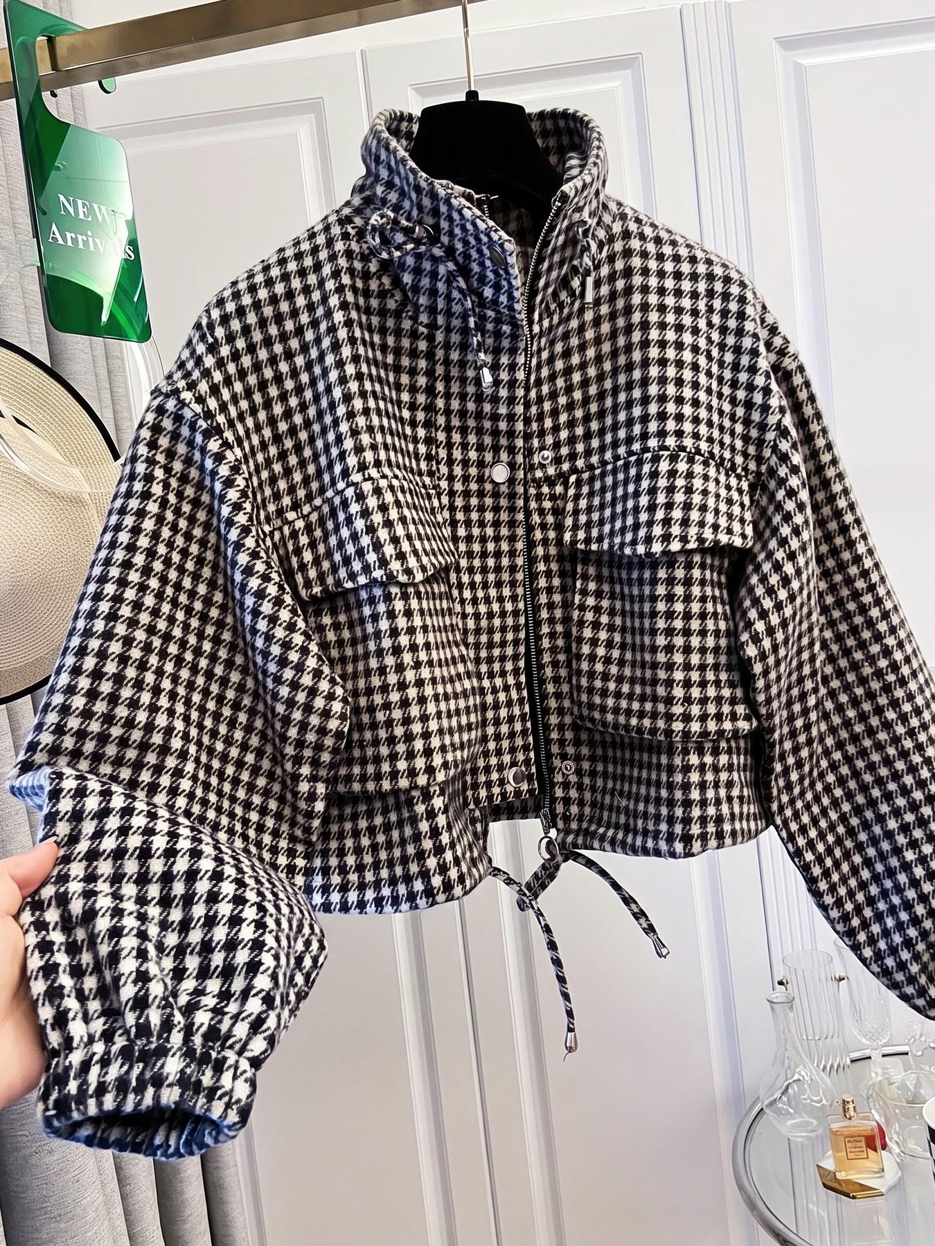 Women's Fashion Retro Plaid Stand Collar Short Coat, Drawstring Design, Zipper Front, Perfect for Fall Winter Daily Holiday Outing Women's Fashion Retro Plaid Stand Collar Short Coat, Drawstring Design, Zipper Front, Perfect for Fall Winter Daily Holiday Outing