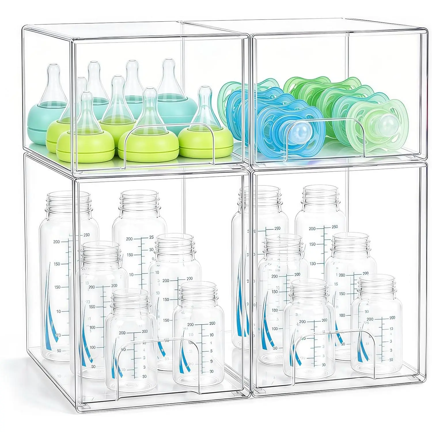 4 Pack Baby Bottle Organizer, Clear Acrylic Stackable Storage Drawers for Bottles, Pacifiers, Nipples & Pump Parts, Countertop & Cabinet Organizer