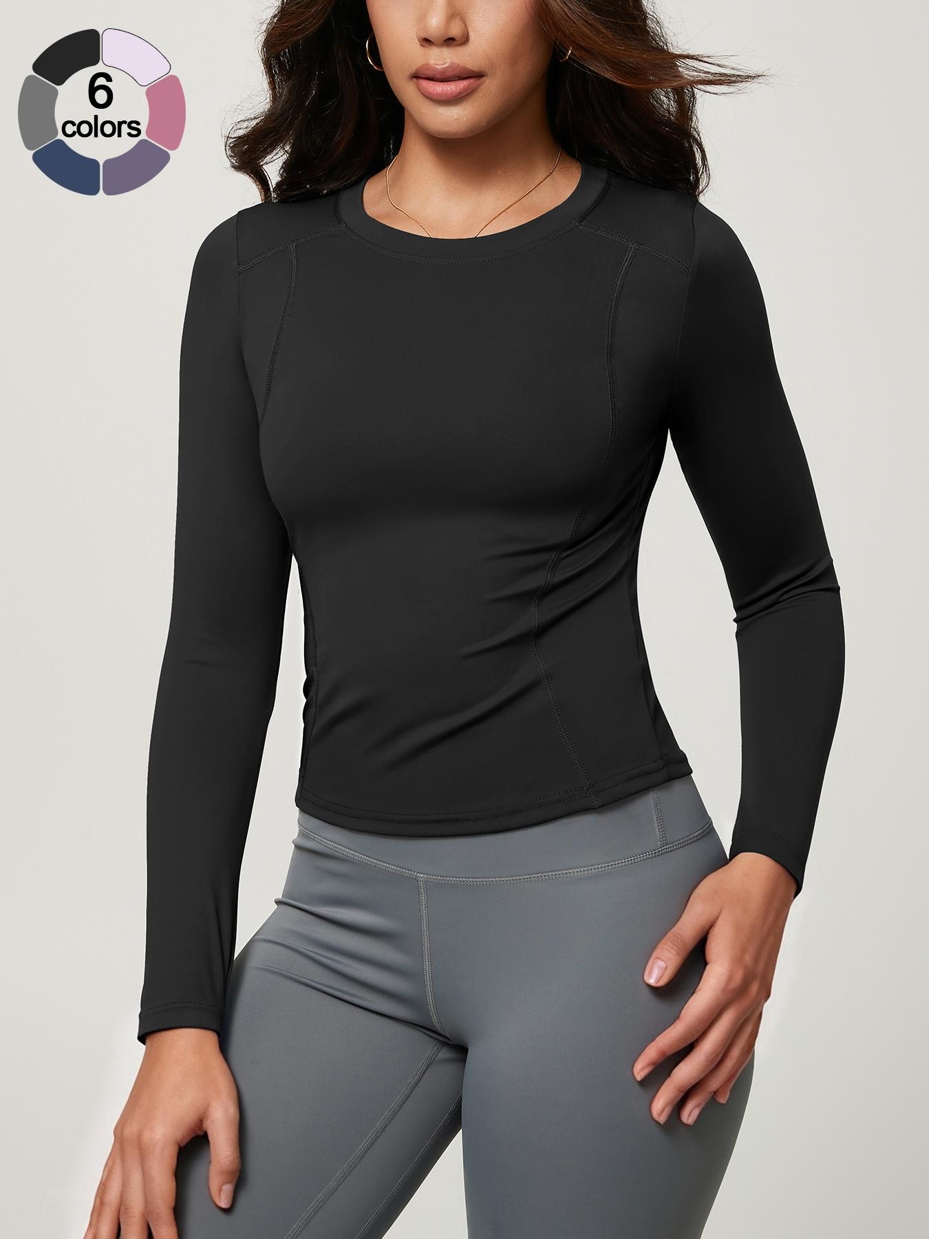 Women's Solid Color Long Sleeve Sport Top, Round Neck Thumb Hole Design, Comfortable Casual Yoga Gym Running Cycling Golf Tennis Wear, Fitness Running Tops