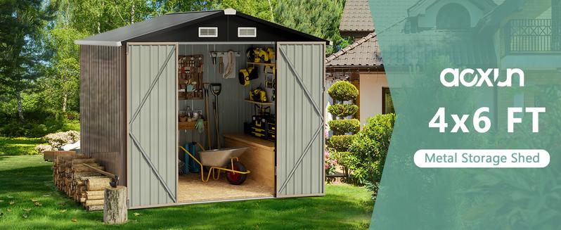 Aoxun Storage Shed 6x4 FT Metal Shed Galvanised Steel Garden Shed with Lockable Doors Outdoor Waterproof Shed for Bike Storage, Tool Storage, Temporary Storage (Brown)