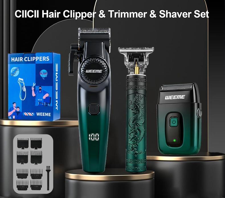 Weeme Men's Electric Hair Trimmer Set, Barber Hair Clippers, 3-Piece Beard Trimmer Kit, USB Charging, T-Shape Blade, Razor, Nose Hair Trimmer, Holiday Gift