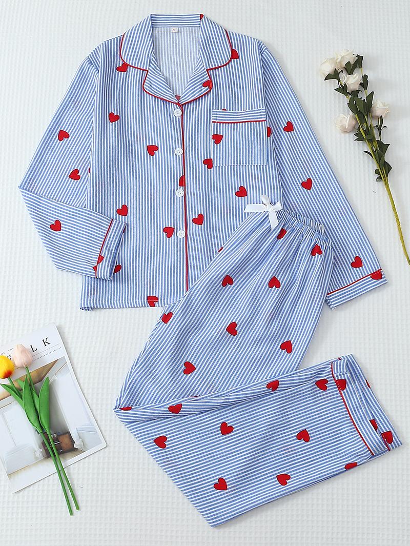 Women's Striped Long Sleeve Pajama Set with Bow Prints, Sweet Cute Button Front Top and Pants, Casual Home Wear Loungewear for All Seasons