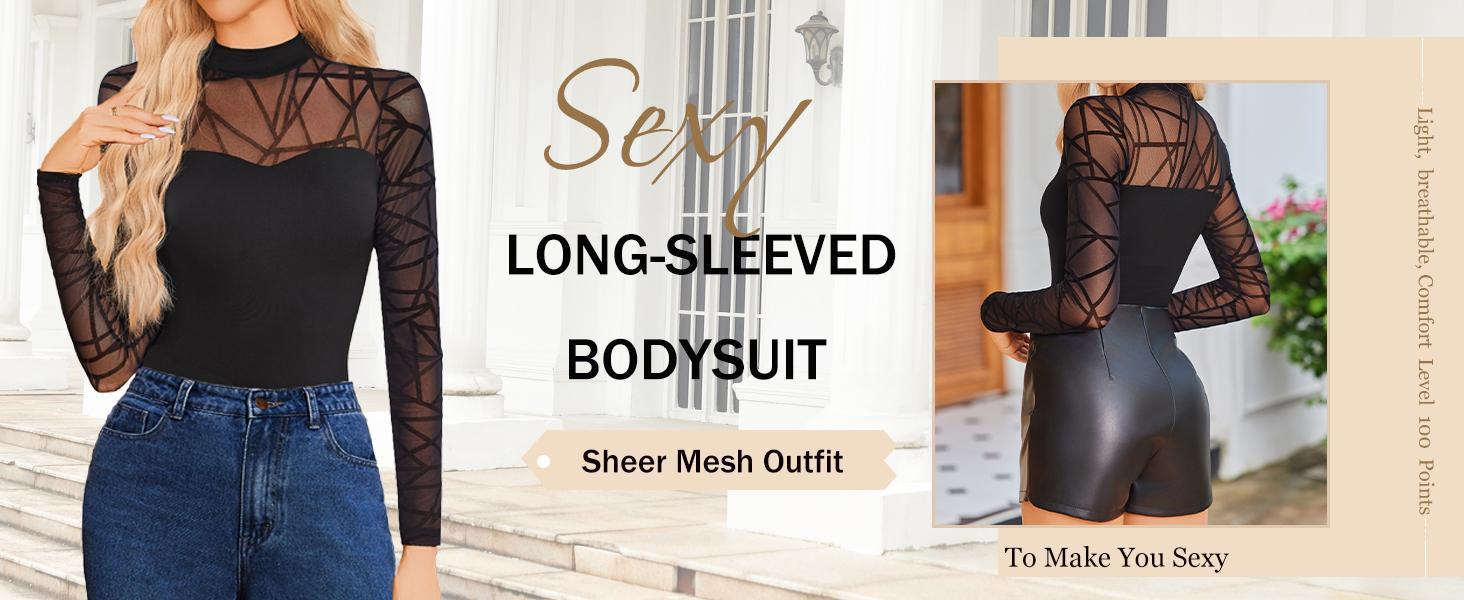 Women's Double Lined Slimming Bodysuit - Mock Neck, Sheer Mesh Long Sleeve Top for a Flattering Look Women's Double Lined Slimming Bodysuit - Mock Neck, Sheer Mesh Long Sleeve Top for a Flattering Look