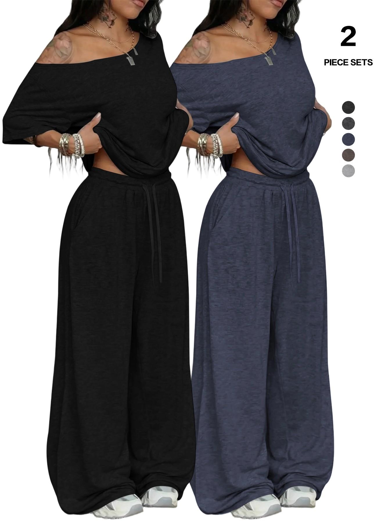 Women's 2-Piece Lounge Set, Off-Shoulder Oversized Top & Wide-Leg Pants, Soft Comfortable Drawstring Loungewear for All Seasons