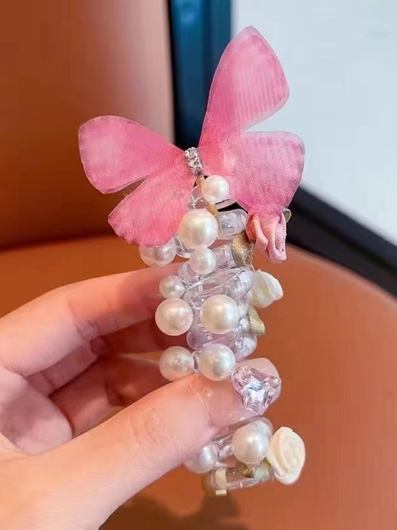 New Mesh Butterfly Pearl Hair Tie, Cute Round Bead Flower Butterfly Phone Line Braided Bubble Braid Hair Rope, Girls' Headwear for Daily Use