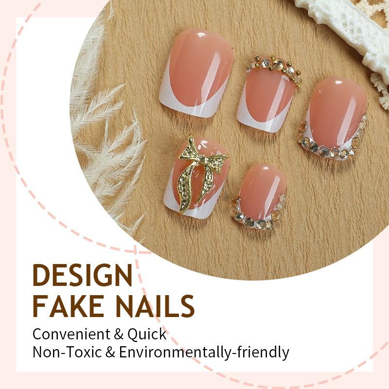Nude White Tip French Press On Nails, Luxury Champagne Gold Rhinestone-Encrusted 3D Metal Bow Accent, Elegant Gentle Rich Girl Style Short Square Nails, Natural and Classy Removable False Nails with Jelly Glue and Nail File