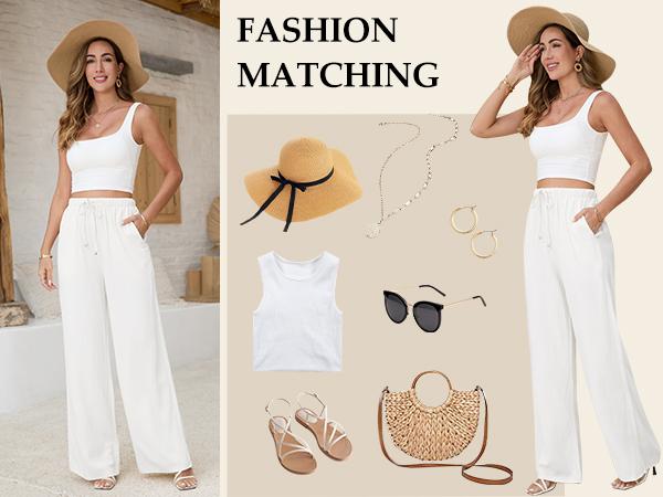 UMIPUBO Womens Linen Pants Casual Wide Leg Pants Summer Palazzo Pants Loose Flowy Beach Pants Drawstring Elastic Trousers