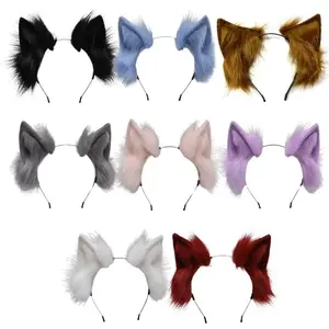 Handmade for Cat Faux Fur Ears Headband Solid Color Plush Animal Hair Hoop Anime Fancy Dress Party Cosplay Costume Hair