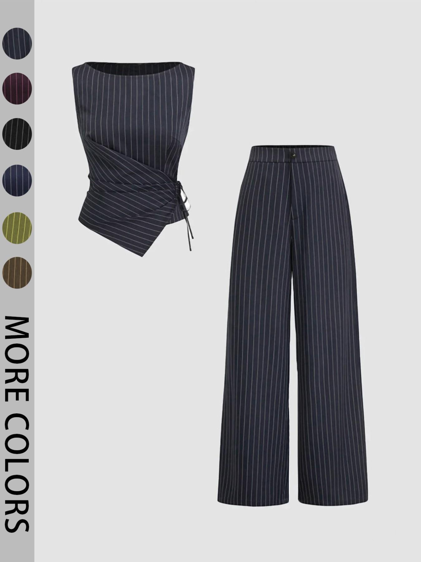 Women's Striped Strapless Tie-Back Vest Top and Straight Leg Pants Set, Corporate Outfits Women, Elegant Slim-Fitting Outer Vest Suit for All Seasons