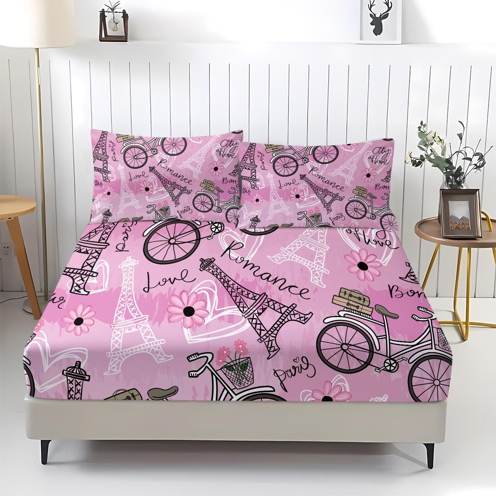 Paris Tower Print Bed Sheet Set, Comfortable Printed Pattern, Includes 1 Fitted Sheet & 2 Pillowcases, Anti-Slip Dustproof Cover