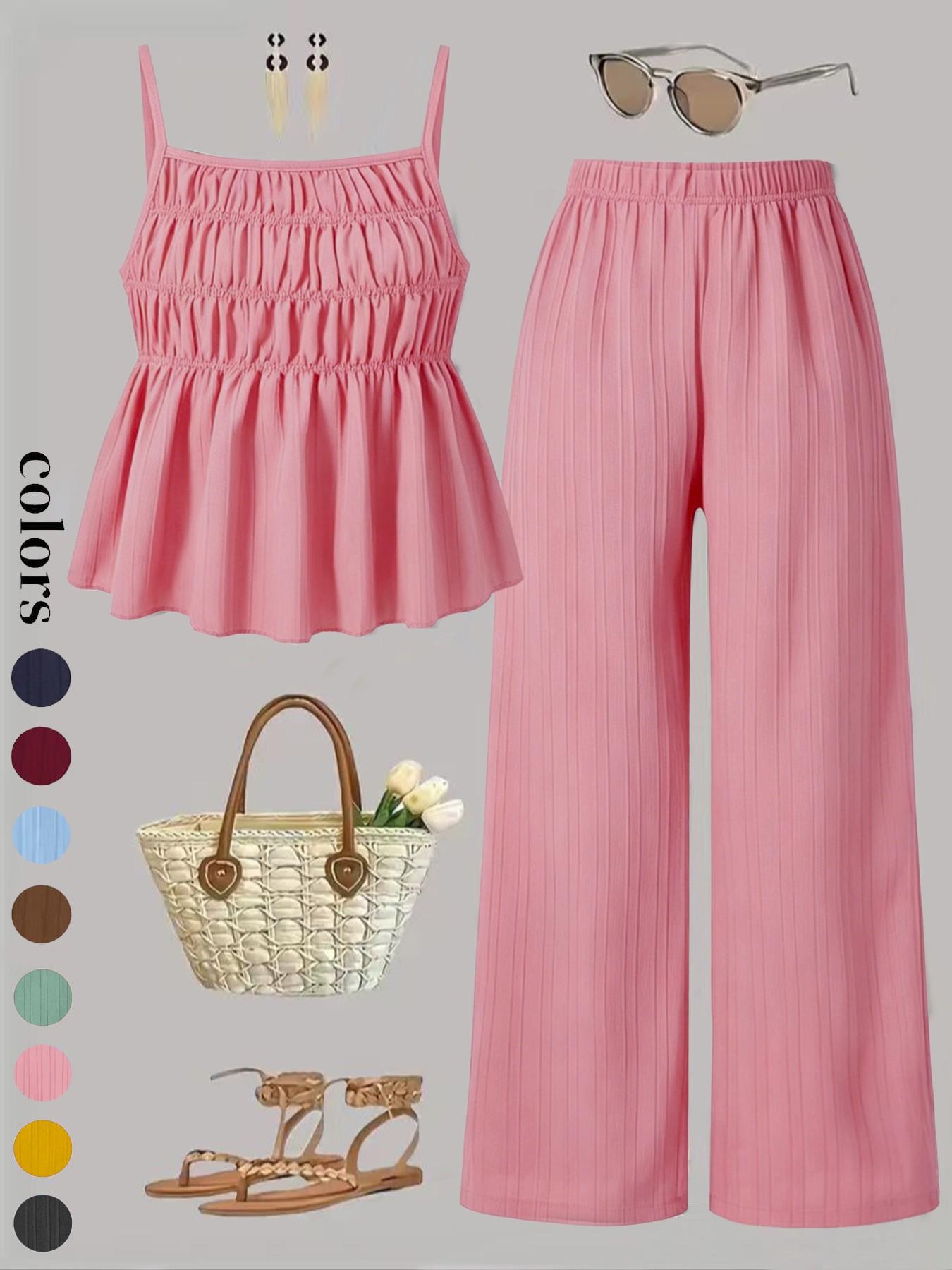 Two-Piece Set Women's Solid Color Cami Top & Wide Leg Pants Set, Street Fashion Casual Outfits for Daily Outdoor Wear, Ladies Clothes for All Seasons Two-Piece Set Women's Solid Color Cami Top & Wide Leg Pants Set, Street Fashion Casual Outfits for Daily Outdoor Wear, Ladies Clothes for All Seasons