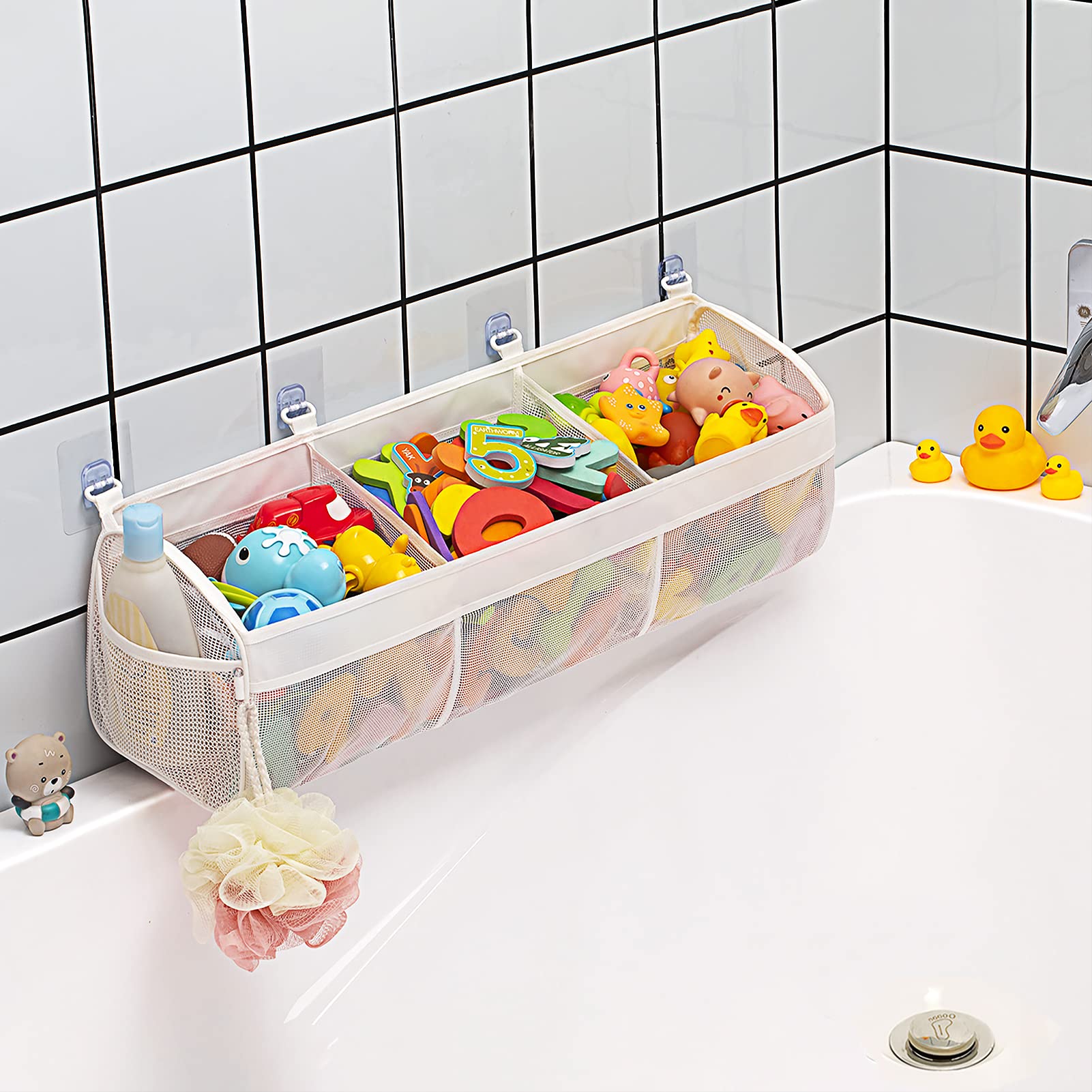 Original Three-Compartment Horizontal Bathtub Toy Storage Rack, Wide Opening Design, Large Capacity, Easy Access and Organization