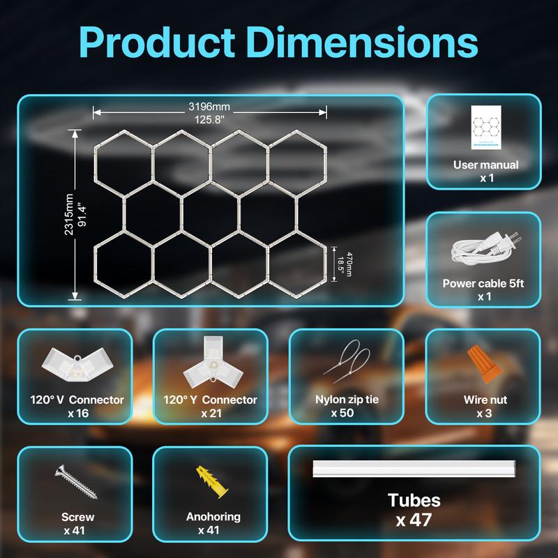 LUMENFOX 2025 New DIY Plug-In Hexagonal Ceiling Lights, Honeycomb Ceiling Lights, Light Efficiency 110LM/W, Hexagonal Garage Lights are suitable for garages, supermarkets, shopping malls, car shows and basements, Lighting，Jumpstart newyear