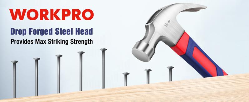 #JumpstartSale WORKPRO 2-Count Claw Hammer Set, 8 oz Mini Stubby Claw Hammer&16 oz Fiberglass General Purpose Claw Hammer, Soft Nonslip Handle & Heat Treated Head