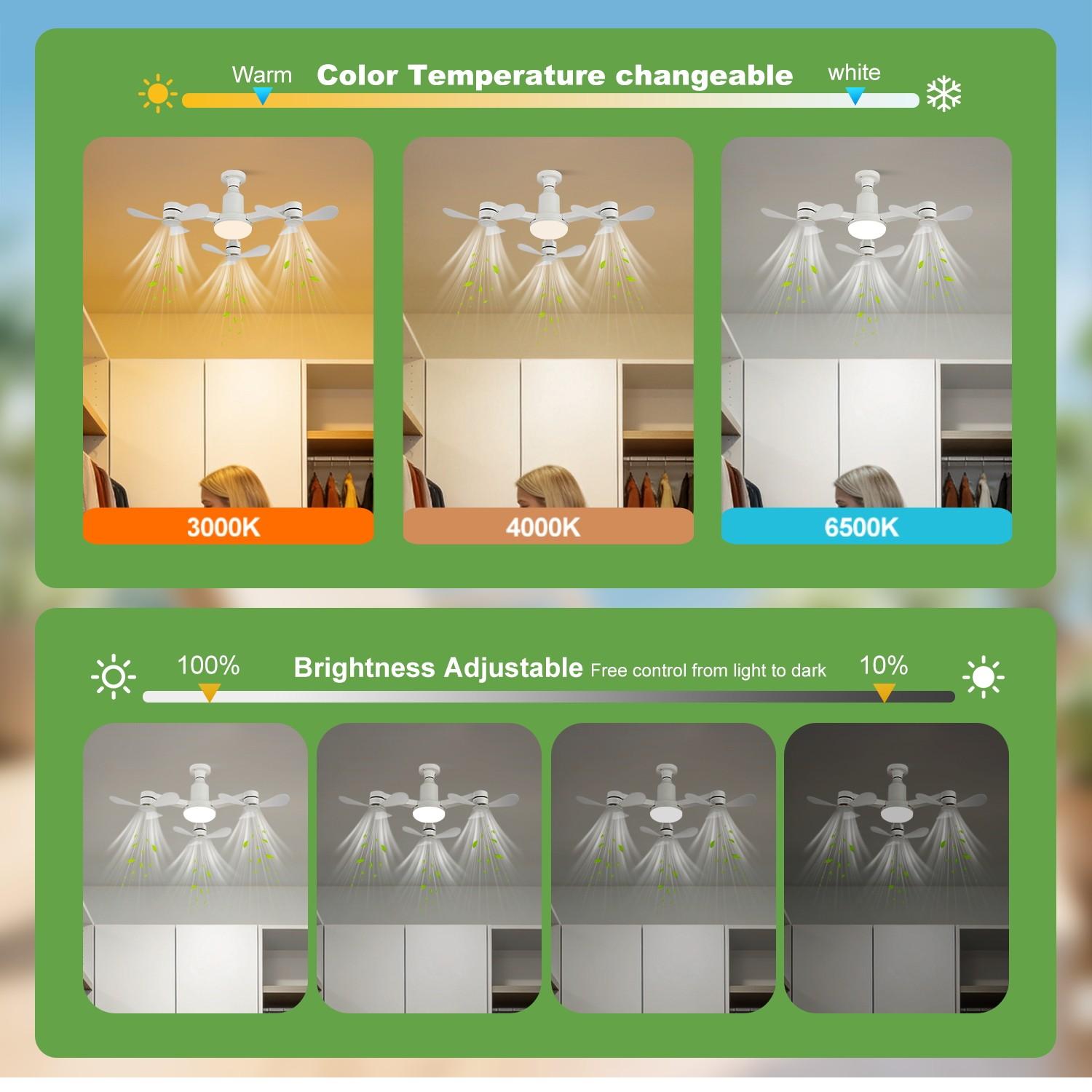 Ceiling Fan Light, E27 Socket, 3 Heads 9 Blades, Remote Control, Adjustable Brightness 3000k-6000k, 3 Speeds with Memory, Energy Saving