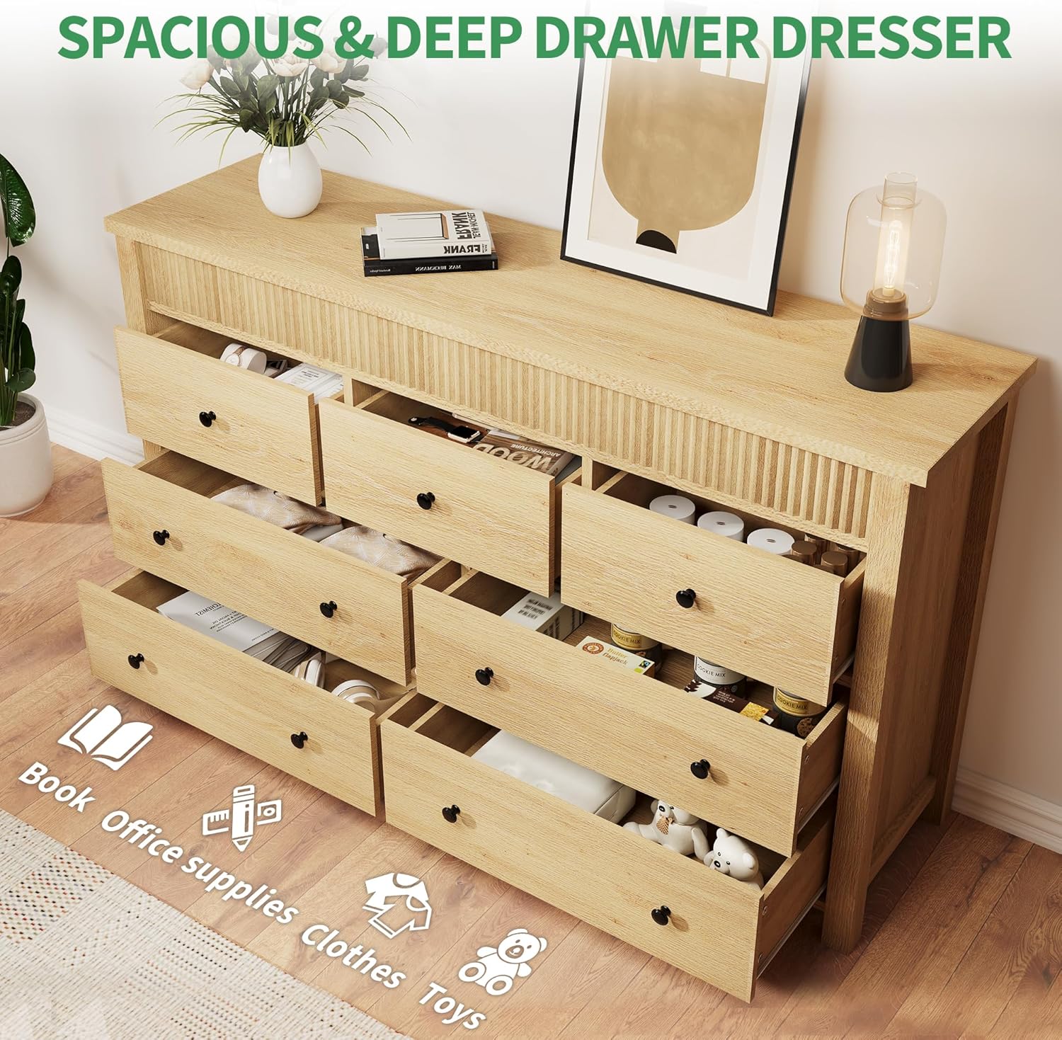 7-Drawer Dresser for Bedroom, Wooden Chest of Drawers, Fluted TV Stand, Storage Organizer for Living Room, Hallway and Entryway, Natural Oak