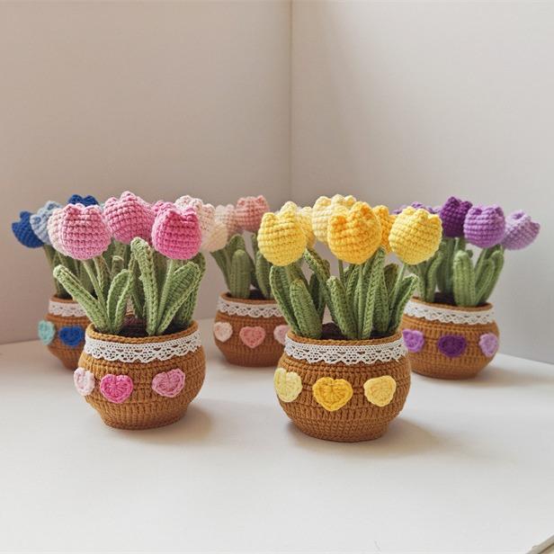 Hand-crocheted tulip bonsai, DIY yarn artificial bouquet, creative crocheted gifts, Mother's Day gifts and toys.