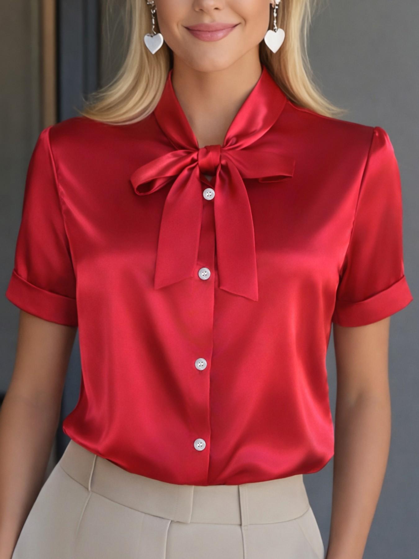 Classic short-sleeved satin shirt with a ribbon detail at the neckline, Fitted Elegant solid color, perfect for spring and summer wear. A stylish women's Smooth Blouse