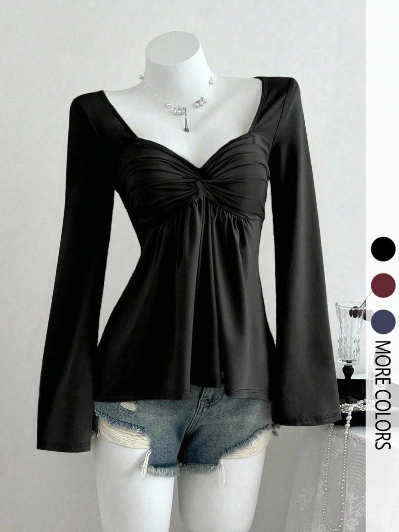 Women's casual V-neck long-sleeved T-shirt with knotted front, a versatile new style, suitable for casual and formal office commuting occasions.